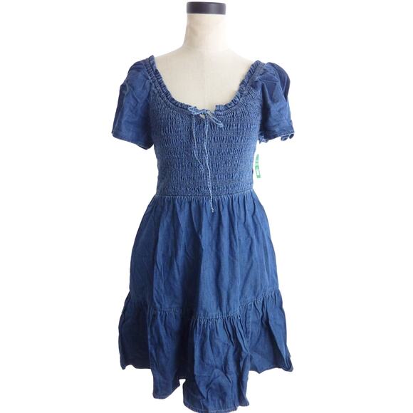 GAP Dresses & Skirts - NWT Gap Flutter Sleeve Smocked Denim Mini Dress M Blue Scoop Neck Ruffle Hem